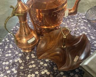 Copper Coffee Kettle and Copper Tea Pot, wood serving bowl