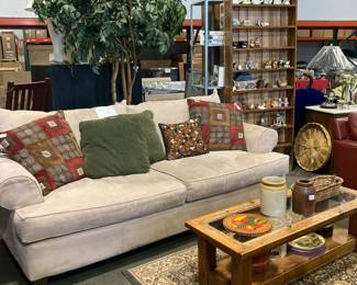 Suede large sofa, coffee table, throw pillows