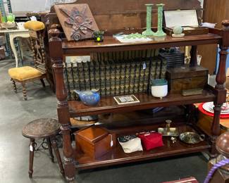 Wood shelf, accessories, vintage stool