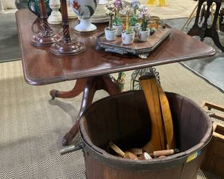 Breakfast table, accessories, Large wooden barrel with shoe horns inside
