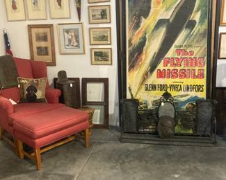 Wing chair and ottoman, art work, large framed poster