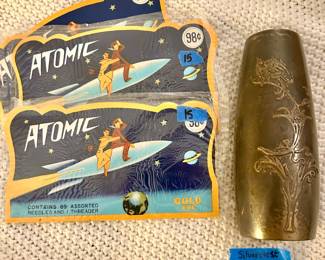 *Silver crest coated brass Vase signed. $60
*Vntg Atomic gold eye assorted sewing needles $15/package.