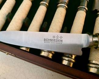 Schmieden 12 pc handmade leather wrapped handled steak set in lined wood storage box $895 acero inoxidable