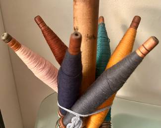 antique wooden textile mill bobbins with holder $60 ea