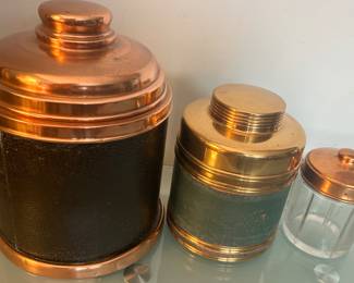 3pc Copper Lid Humidor Set; Vntg, Glass, Black & Green Leather $75