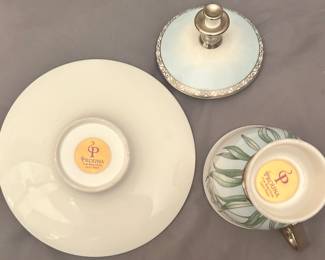 PROUNA 3pc “IRIS” Tea Cup w/ Cover, Saucer 6oz, Hand Painted 24k Gold Detail $135