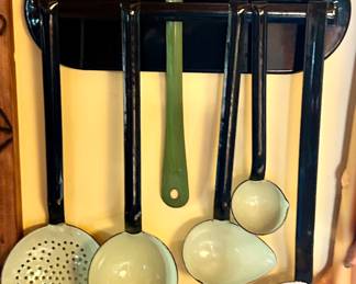 6 piece vintage enamel cooking utensil set with wall back plate, black, lime and white $175