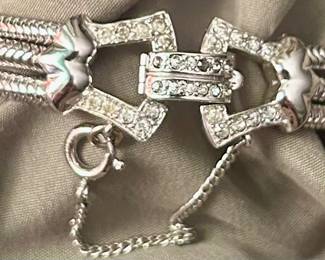 Mazer vintage rhinestone bow bracelet with triple snake side chains, rhinestone clasp & safety chain $95