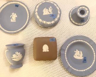Wedgewood blue pieces. Prices marker on ea piece $10-25ea
Shell pattern covered jewelry covered box $45