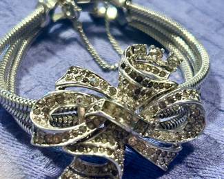 Mazer vintage rhinestone bow bracelet with triple snake side chains, rhinestone clasp & safety chain $95