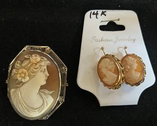 14 k gold cameo brooch and earrings 