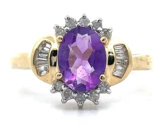 Amethyst & Natural Diamond Oval Cluster Estate Ring in Yellow Gold