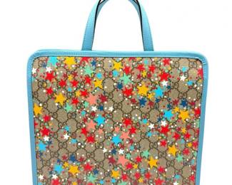 Gucci GG Supreme Stars Print Tote Bag in Blue Trim