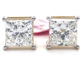 NEW! 4 Carat Diamond Princess Solitaire Stud Earrings in 14k Yellow Gold