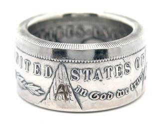 Handcrafted 1884 Morgan Silver Dollar Coin Ring; 90% Silver