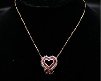 Estate Beauty! Natural Ruby & Diamond Open Heart Halo Pendant Necklace in 14k Yellow Gold