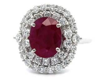3.95 Carat Natural Burmese Ruby & Natural Diamond Double-Halo Ring in Platinum