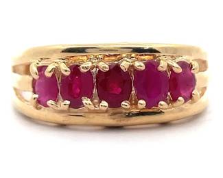 Oval Ruby Five-Stone Anniversary Estate Ring in 14k Yellow Gold