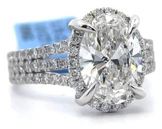 3.75 Carat Diamond Oval Halo Triple Row Ring in 14k White Gold