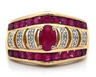 Natural Ruby & Diamond Chevron Estate Ring in Yellow Gold