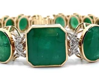 46.98 Carat Natural Emerald & Natural Diamond Bracelet in 14k Two-Tone Gold