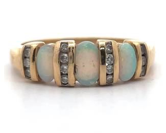 White Oval Opal & Natural Diamond Channel Estate Ring in 14k Yellow Gold