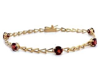 Round Cut Garnet Flat Link Station Bracelet in 14k Yellow Gold