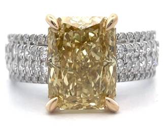 NEW!! 6.07 Carat Yellow Diamond Radiant & White Diamond Four-Row Ring in 14k Two-Tone Gold