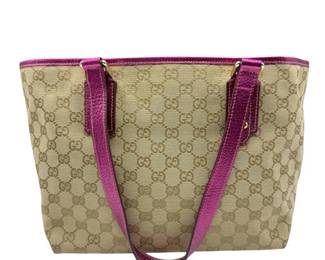 Gucci GG Canvas Tote Bag with Metallic Pink Leather Trim