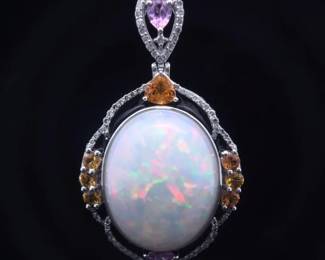 Oscar Friedman 27.27 Carat Natural Opal, Natural Sapphire & Natural Diamond Platinum Pendant Necklace