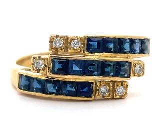Natural Sapphire & Diamond Triple Stack Estate Ring in 18k Yellow Gold