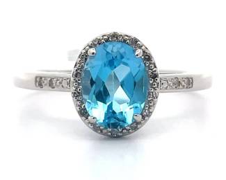 Oval Blue Topaz & Natural Diamond Halo Ring in 14k White Gold 