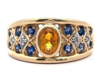 Citrine, Natural Blue Sapphire & Diamond Basketweave Estate Ring in 14k Yellow Gold