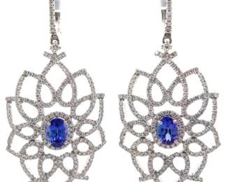 3.78 Carat Natural Tanzanite & Natural Diamond Earrings in 14K White Gold