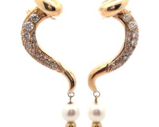 1.50 Carat Natural Diamond & Pearl Ribbon Estate Earrings in 14k Yellow Gold