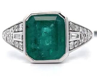 3.55 Carat Natural Emerald & Natural Diamond Platinum Ring