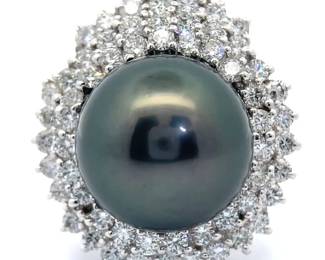 15mm Tahitian Pearl & 2.40 Carat Natural Diamond Statement Ring in 18K White Gold