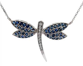 Pavé Natural Blue Sapphire & Diamond Dragonfly Pendant Necklace in 14k White Gold