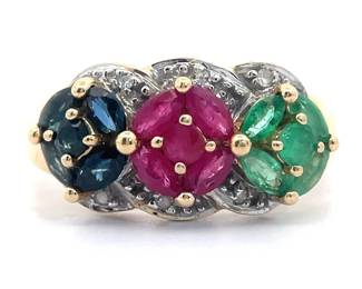 Natural Ruby, Sapphire & Emerald Bouquet Cluster Estate Ring in Yellow Gold
