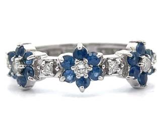 Natural Blue Sapphire & Diamond Flower Cluster Ring in 14k White Gold