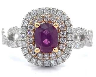 1.46 Carat Total Natural Kashmir Sapphire (Unheated) & Natural Diamond 18K White/Yellow Gold Ring