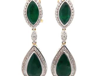Gady Shemesh 8.90 Carat Natural Emerald & Natural Diamond Drop Earrings in 14K Two-Tone Gold