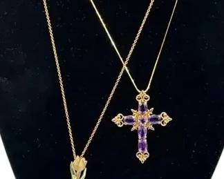 Gold Rose Pendant & Purple Stone and Gold Cross