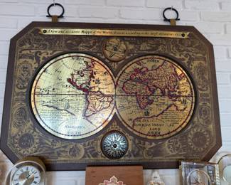 Vintage 1964 Masketeers Inc. brass and wood wall art map depicting a replica of a 1628 world map. A great addition to any office or living room!