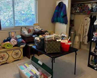 Crochet supplies, lots of stationary, blankets galore, and nice jackets
