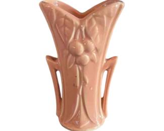 McCoy pottery pink vase with leaves and berries. Circa 1940.