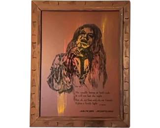 Stylized portrait of Janis Joplin with accompanying text. Circa 1970s – 80s.