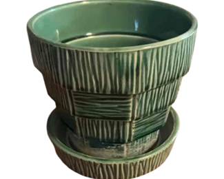 McCoy Green ceramic planner with basketweave design and saucer. Circa 1950s and 60s.