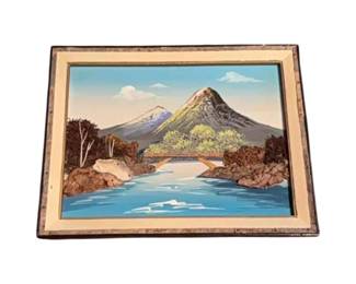 A pair of framed mixed-media Japanese landscape artworks with Bank and Moss elements. Circa mid-20th century.