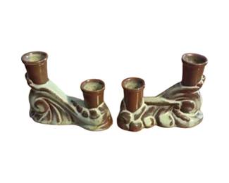 Pair of Frankoma pottery, Plainsman Prairie Green candleholders. Circa mid-century.